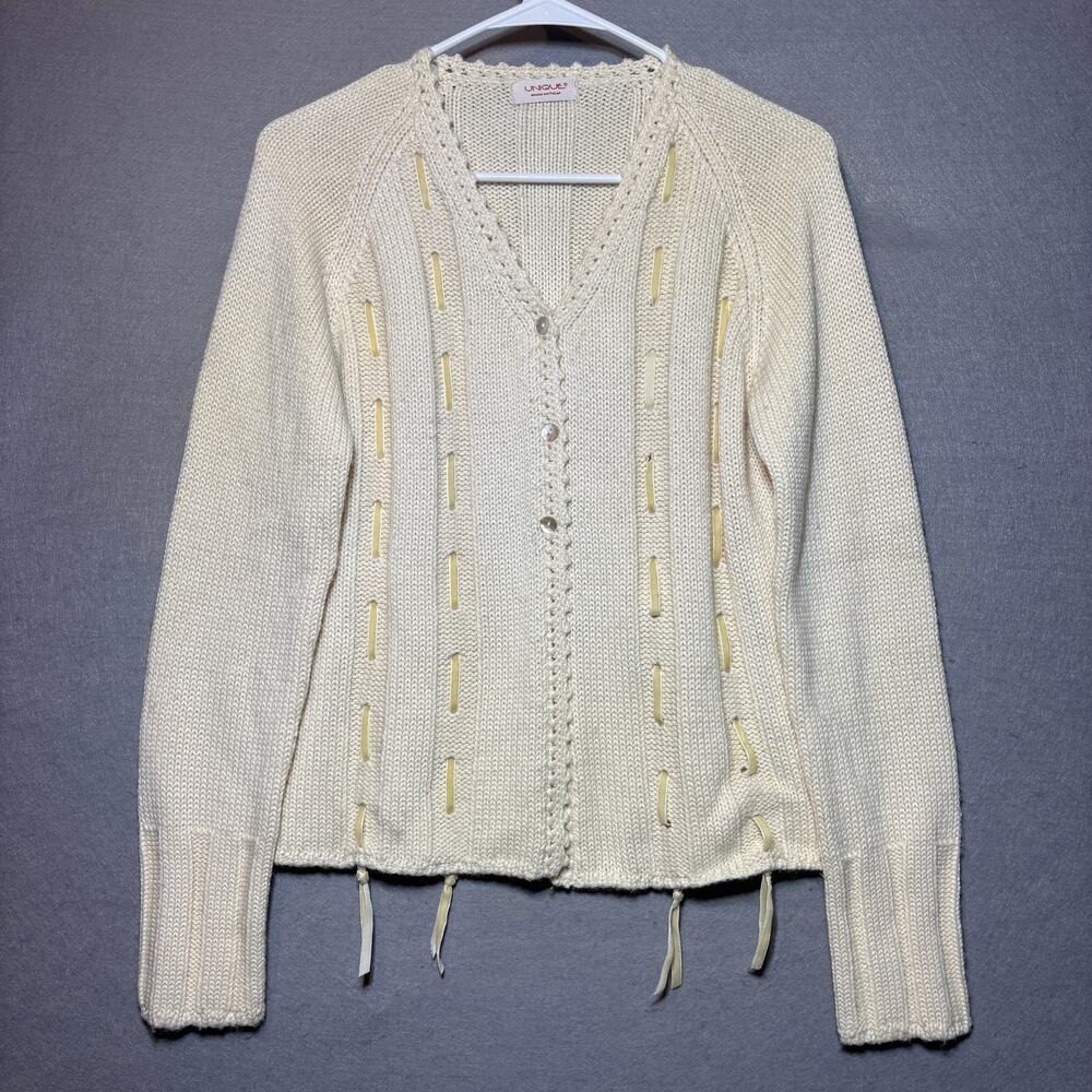 UNIQUE Woman Knitwear Wool Blend Cardigan L Ribbon Cable Knit Button‎ Front Cozy